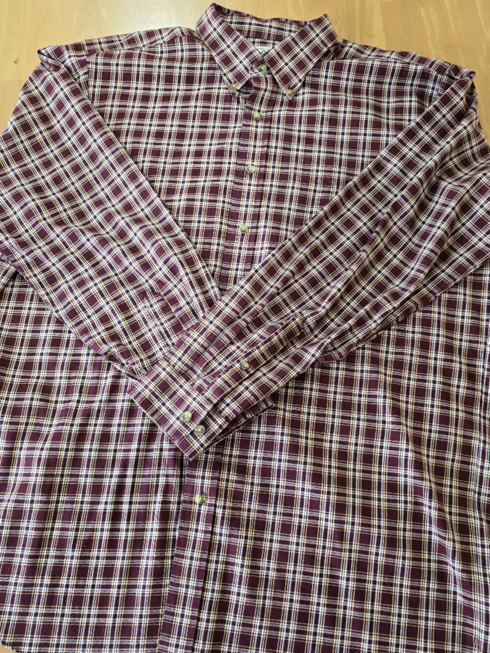 L.L. Bean Traditional Fit Button Up Shirt Plaid Burgundy Cream Gold Size XL-Tall